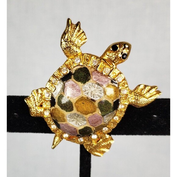 Vintage 1980 St. John Signed Gold Tone  And Rhinestone Elegant Turtle Brooch Pin - Picture 1 of 14